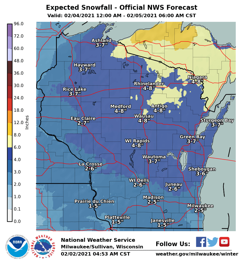 Snow totals Thur by National Weather Service